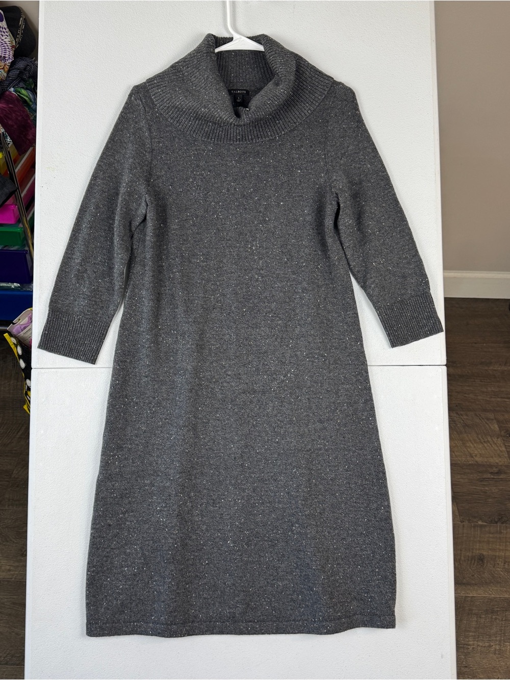 Talbots Speckled Knit Sweater Dress Womens L Large 3/4 Sleeves Gray Cowl Neck